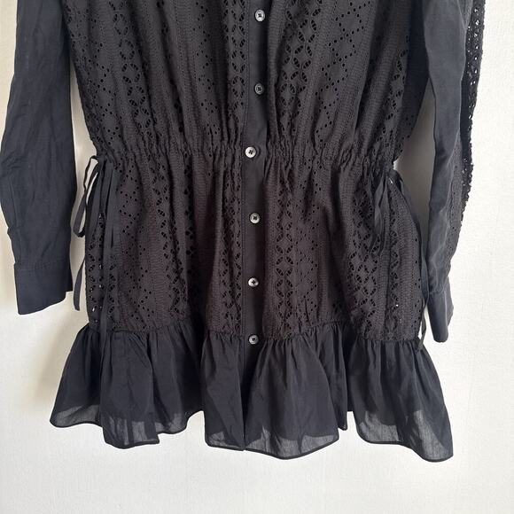 THAKOON Black Eyelet Lace Ruffle Hem Button Down Silk Cotton Mini Shirt Dress 0 - Picture 5 of 15
